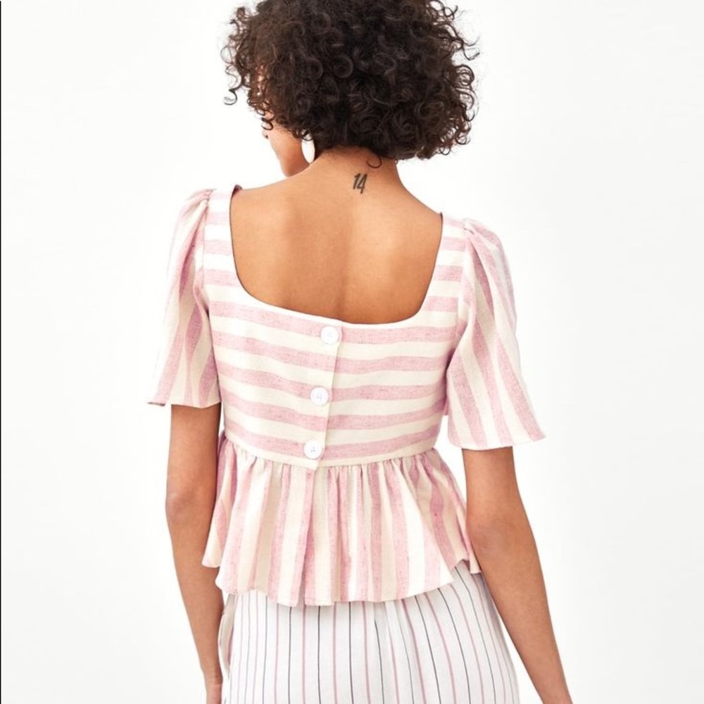 Zara TRF Linen Pink White Striped Square Neck Flutter Sleeve Crop Peplum Blouse